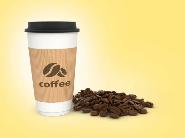 Papieren koffie kopje met koffiebonen op oranje gradiënt achtergrond — Stockfoto