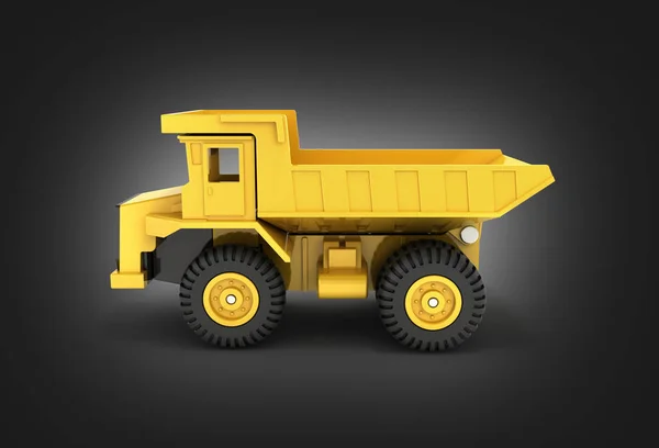 Amarelo brinquedo caminhão basculante isolado no fundo gradiente preto 3d r — Fotografia de Stock