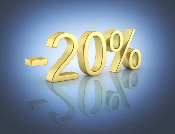 Texto de oro 20 por ciento de descuento en fondo azul degradado con reflejo — Foto de Stock