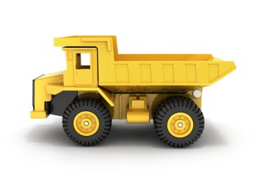 Beyaz arka planda izole sarı oyuncak damperli kamyon 3D render