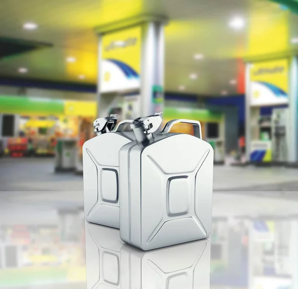 Gaskanister auf Tankstellenhintergrund mit Reflexion 3d — Stockfoto