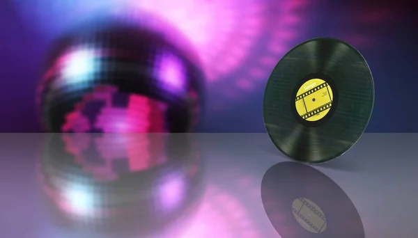 Vinyl record retro sound on disco style background with reflecti — Stock Photo, Image