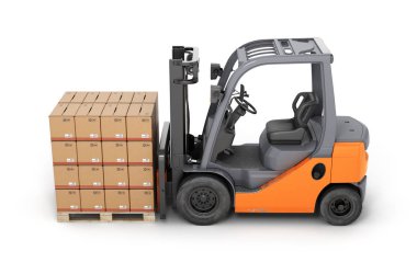 Beyaz backgroun üzerinde palet yan görünümünde kutuları ile Forklift kamyon