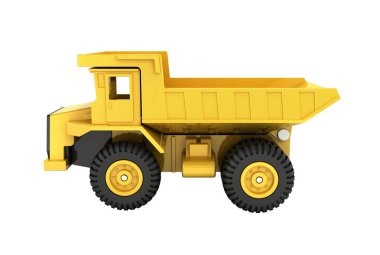 Beyaz arka planda izole sarı oyuncak damperli kamyon 3D render zekâ