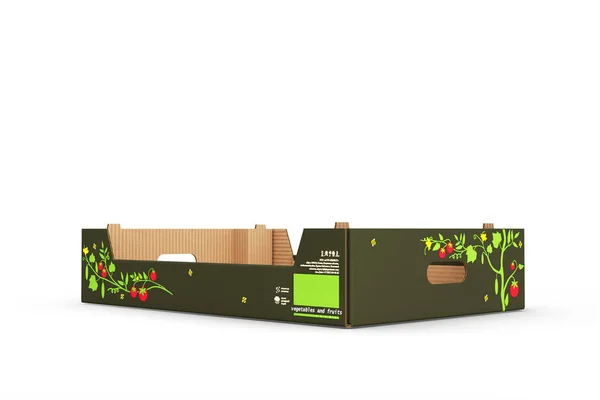 Caixa de bandeja de papelão para legumes e frutas isoladas em ba branco — Fotografia de Stock