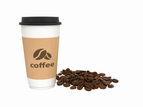 Papírový kávový pohár s kávovou fazolí bez stínu na bílém pozadí — Stock fotografie