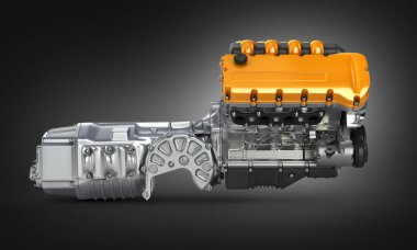 Siyah degrade b otomotiv motor şanzıman montaj yan görünümü