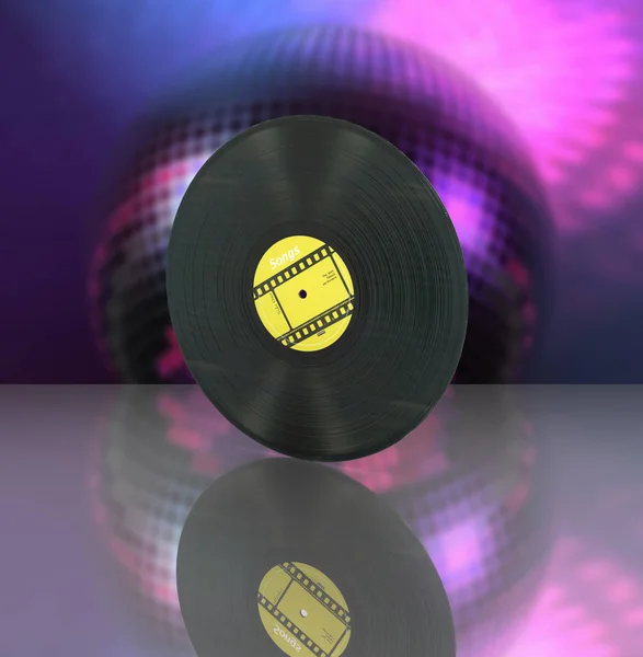 Vinyl record retro sound on disco ball background with reflectio — Stock Photo, Image