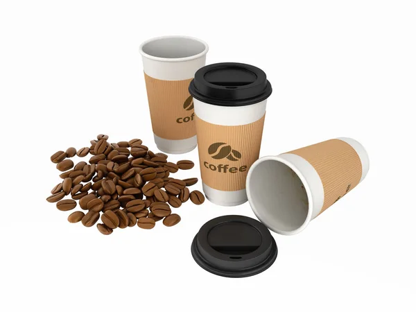 Kaffeetassen aus Papier mit Kaffeebohnen ohne Schatten auf weißem Bac — Stockfoto