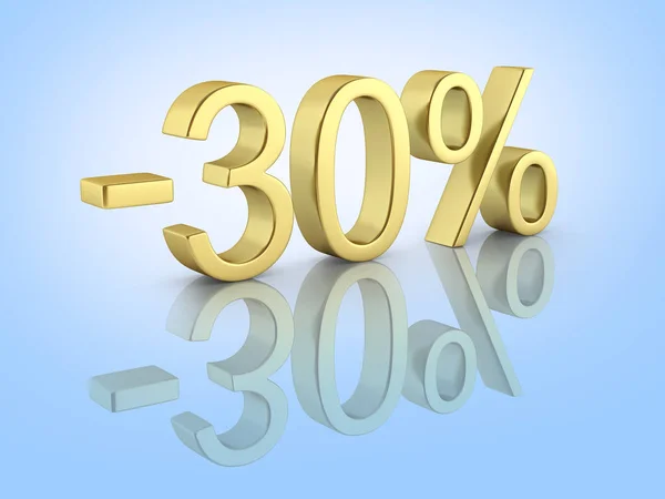 Texto de oro 30 por ciento de descuento en fondo azul degradado con reflejo — Foto de Stock