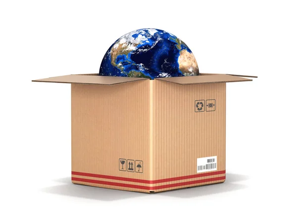 Concept de livraison et d'achat Terre dans une boîte en carton isolat — Photo