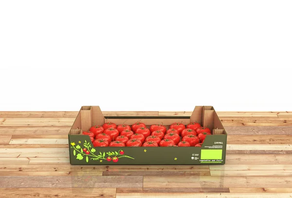 Fresh tomatos in box on wood floor and white background with ref — Stock Photo, Image
