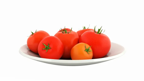 新鲜的西红柿在一个盘子里没有阴影在白色背景3d — 图库照片