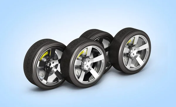 Car wheels with brake isolated on blue gradient background 3d — Stock Photo, Image