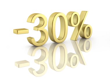 Yansıma 3d ile beyaz arka plan üzerinde Altın metin yüzde 30 kapalı 