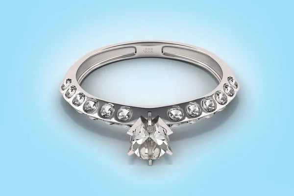 Anillo de plata con el concepto de joyería de diamantes en fondo azul 3d — Foto de Stock