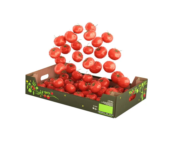 Tomatoes fall into the box without shadow on white background 3d — Stock Photo, Image