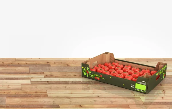 Tomates frescos en caja sobre suelo de madera sobre fondo blanco con refl —  Fotos de Stock