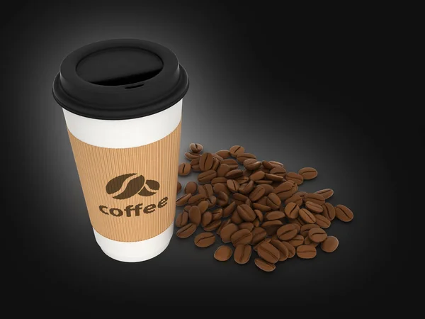 Papieren koffie kopje met koffiebonen op zwarte achtergrond 3D — Stockfoto