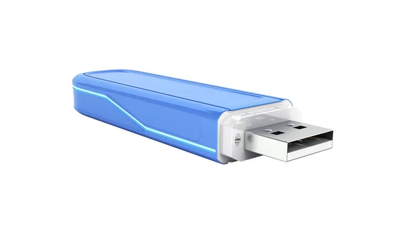 Beyaz b üzerinde gölge olmadan arka ışık ile mavi USB flash sürücü — Stok fotoğraf