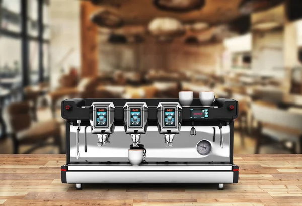 Modern Coffee Machine front view on wood flooe and coffee house — Stock Photo, Image