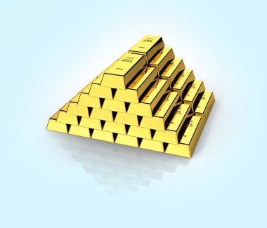 Teflecti ile mavi degrade arka plan üzerinde bir piramit altın çubuklar