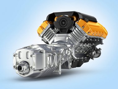 Mavi degrade arka planda Otomotiv motor şanzıman montajı 3