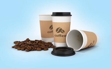 Mavi degrade arka plan üzerinde kahve çekirdekleri ile Kağıt kahve fincanı 3