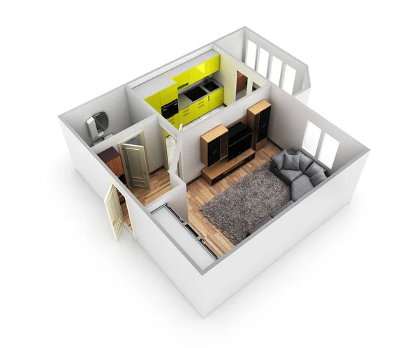 Interior apartamento sin techo perspectiva vista apartamento diseño 3d — Foto de Stock