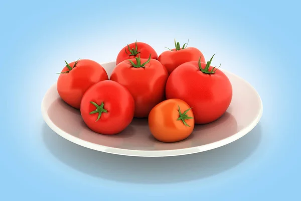 Fresh tomatoes on a plate on blue gradient background 3d — Stock Photo, Image