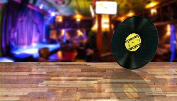 Vinyl record retro sound on bar background with reflection on wo — Stock Photo, Image