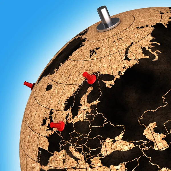 Desktop globe with pins on the map view on Europe 3d — Stock Photo, Image