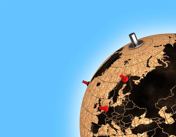 Desktop globe with pins on the map view on Europe 3d — Stock Photo, Image
