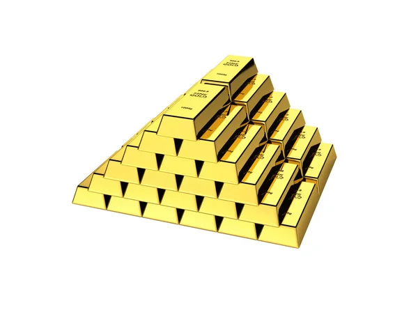 Barras de ouro em uma pirâmide sem sombra no fundo branco 3d — Fotografia de Stock