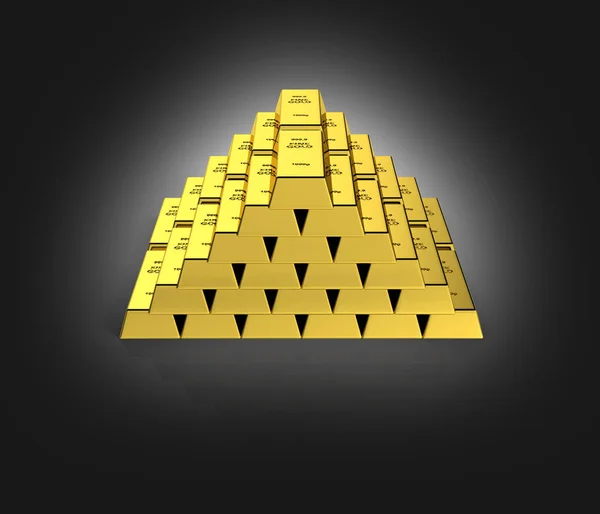 Barras de ouro em uma pirâmide em fundo gradiente preto 3d — Fotografia de Stock