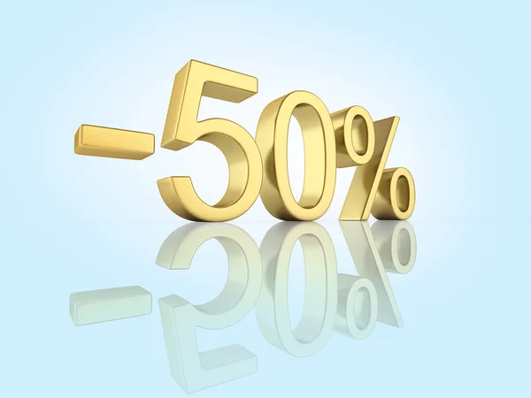 Texto de oro 50 por ciento de descuento en fondo azul degradado con reflejo — Foto de Stock