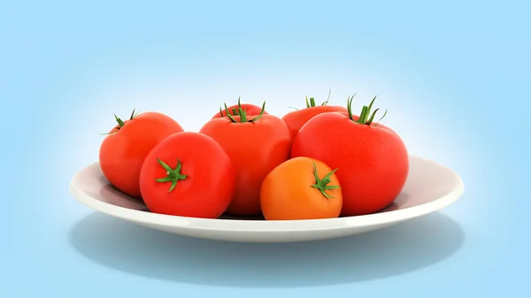 Fresh tomatoes on a plate on blue gradient background 3d — Stock Photo, Image