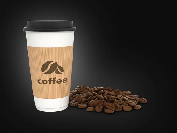 Papieren koffie kopje met koffiebonen op zwarte gradiënt achtergrond — Stockfoto