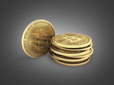 Altın sikke 3d izometrik fiziksel bit sikke yığını Bitcoin kazmak