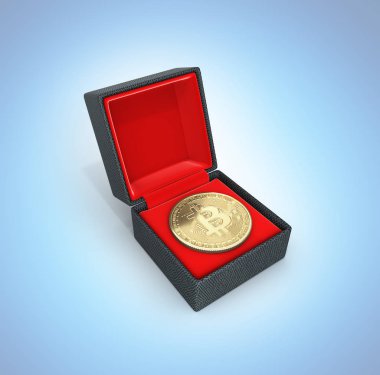 Mavi gradien üzerinde bir hediye kutusunda Bitcoin 3d izometrik Fiziksel sikke