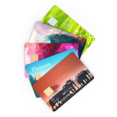 whit üzerinde izole detaylı parlak kredi kartları 3D çizimi