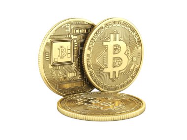 Bitcoin 3d izometrik fiziksel bit sikke altın dijital Döviz 