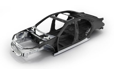 Beyaz 3d illustr izole metal elemanları ile Karbon gövde araba