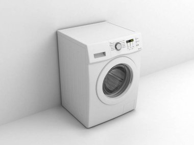 Beyaz duvar arka plan 3d çizim üzerinde çamaşır makinesi