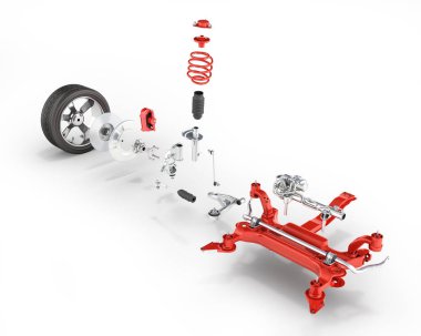 Ayrıntılar üzerinde beyaz ba izole tekerleği ile arabada süspansiyon