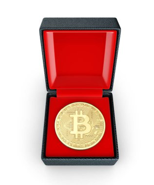 Bitcoin 3d izometrik fiziksel para beyaz backgr bir hediye kutusunda