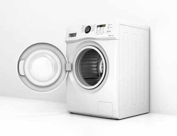 Washing machine with an open door on a white wall background 3d — Stock Photo, Image