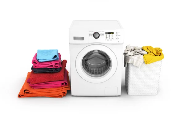 洗濯の概念の服着色されたタオル付き洗濯機、 — ストック写真