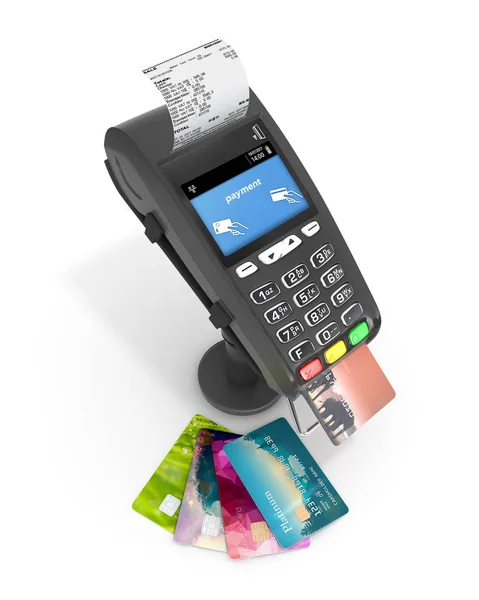 Terminal de paiement par carte terminal POS avec cartes de crédit et reçu — Photo