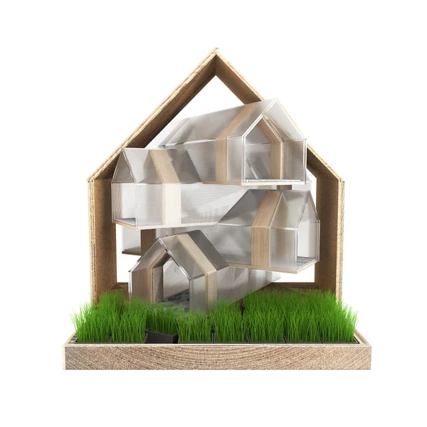 现代猫房子与草的茎查出在白色的背板 — 图库照片